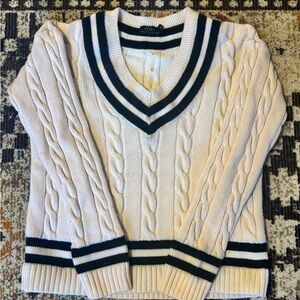 Polo by Ralph Lauren Cream Cable-Knit V-Neck Sweater with Navy Trim